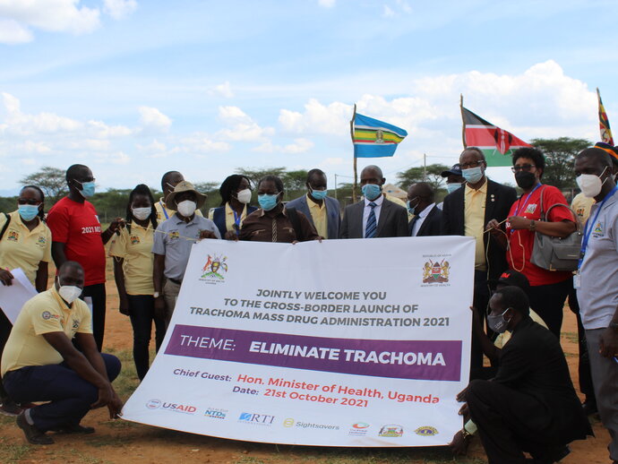 Representatives from Kenya and Uganda gather at the Cross-Border Launch of Trachoma Mass Drug Administration in Amudat District, Uganda