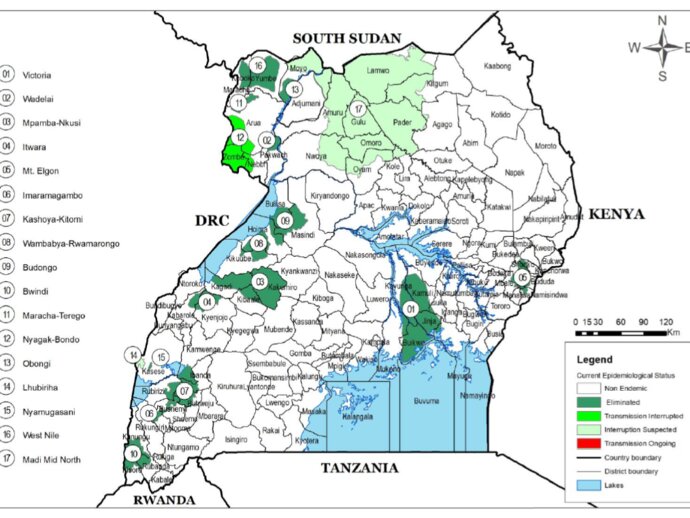 A map shows that all foci in Uganda are now categorized as no longer having active, ongoing transmission of onchocerciasis. 