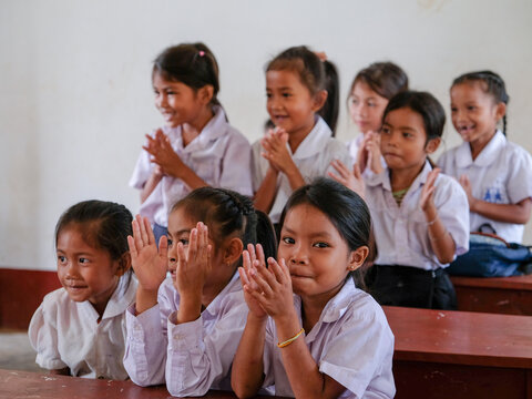 Children in Laos during a survey for lymphatic filariasis. 