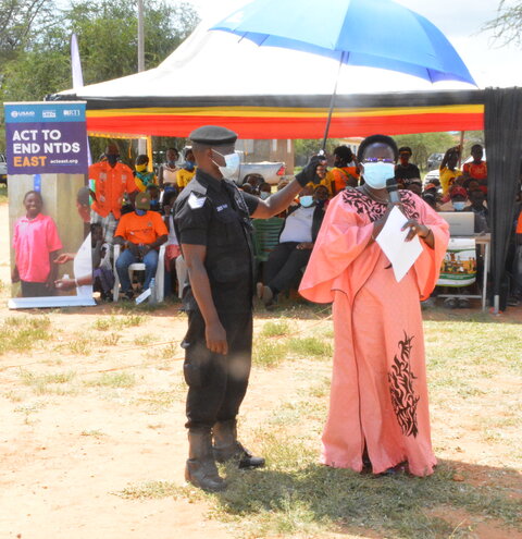 Ugandan State Minister for Karamoja Dr. Maria Goretti Kitutu opens the Cross-Border Launch of Trachoma Mass Drug Administration in Amudat District, Uganda