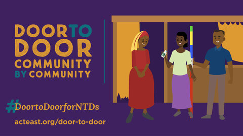 Door to Door, Community by Community graphic, which depicts two health volunteers treating a women at her home for NTDs. 