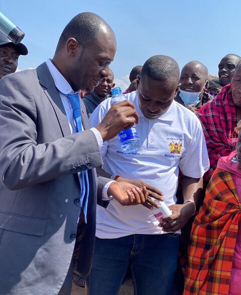 Wycliff Omondi, Kenyan Ministry of Health receives treatment for trachoma during the launch of the first cross-border campaign with Tanzania. 