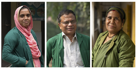 Community health workers (pictured left to right) Alpana Akter, Golam Alam, and Rita Rani Saha are on the front lines of providing quality care for patients suffering from lymphedema in Bangladesh. Photo Credit: RTI International/ Abir Abdullah