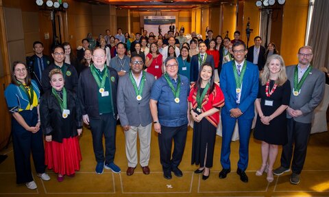 From Left to Right: Andrea Halverson (USAID), Dir. Ma. Elizabeth Caluag (DOH), Usec. Enrique Tayag (DOH), Dr. Bayo Fatunmbi (WHO), Sec. Teodoro Herbosa (DOH), Asec. Lilian De Leon (Department of Interior and Local Government), Dr. Atul Gawande (USAID), Lisa Rotondo (RTI International), Dr. Joseph Shott (USAID). Photo credit: U.S. Embassy in the Philippines